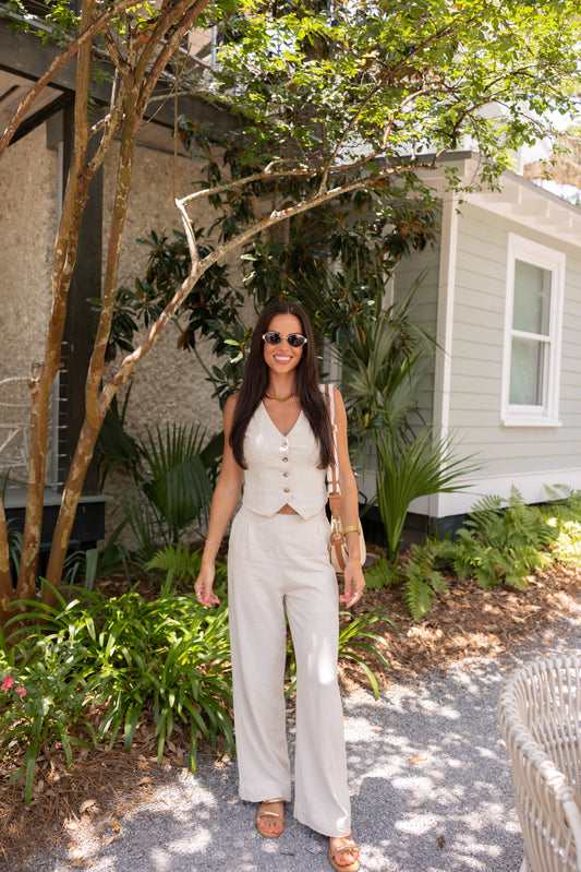 High Waist Wide Leg Linen Pants, Oatmeal