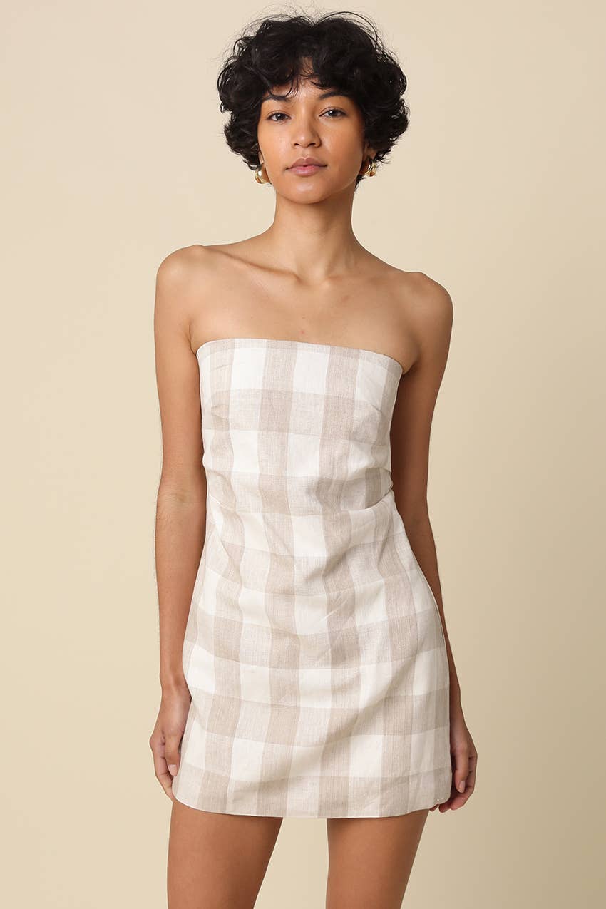 Gia Gingham Strapless Linen Mini Dress