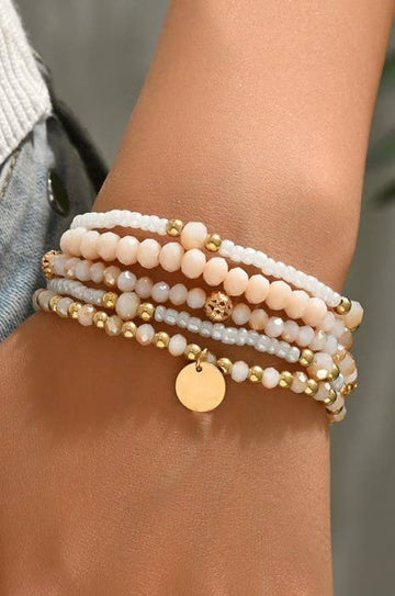 MULTILAYER BEADED CHAIN DISC CHARM BRACELET SET
