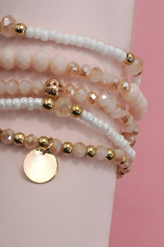 MULTILAYER BEADED CHAIN DISC CHARM BRACELET SET