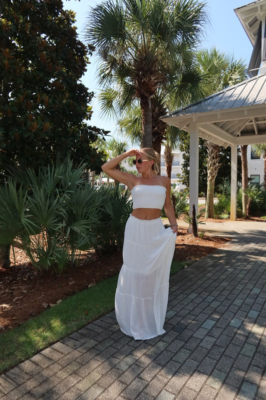 Smocked Strapless Top & Skirt Set, White