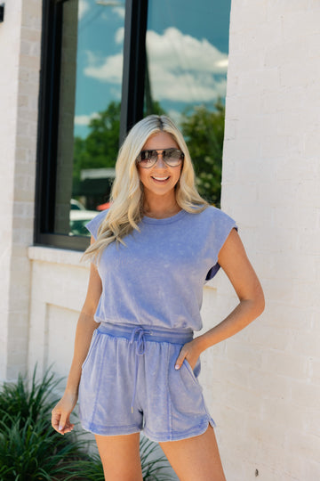 Washed Knit Romper w/ Cutout Back, Blue