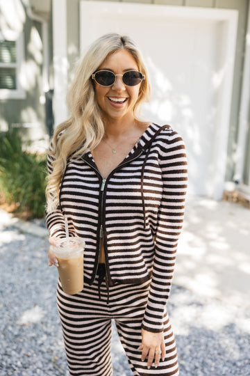 Charlie Striped Relaxed Zip Up Knit Sweater Hoodie