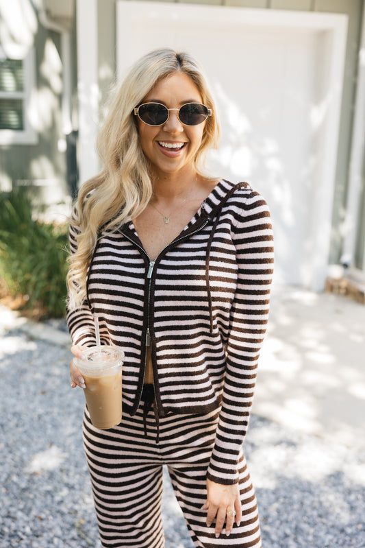 Charlie Striped Relaxed Zip Up Knit Sweater Hoodie