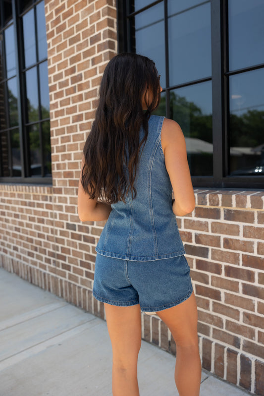 Pleated Denim Shorts