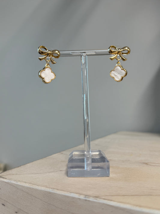 BEST SELLER || Bow & Clover Earrings, White