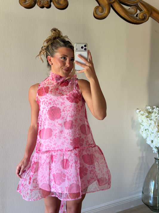 Strawberry Dreams Floral High Neck Mini Dress