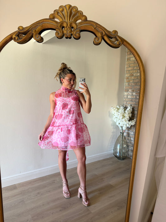 Strawberry Dreams Floral High Neck Mini Dress