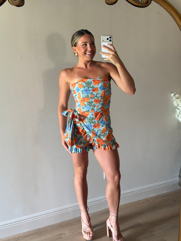 Haven Floral Strapless Wrap Romper