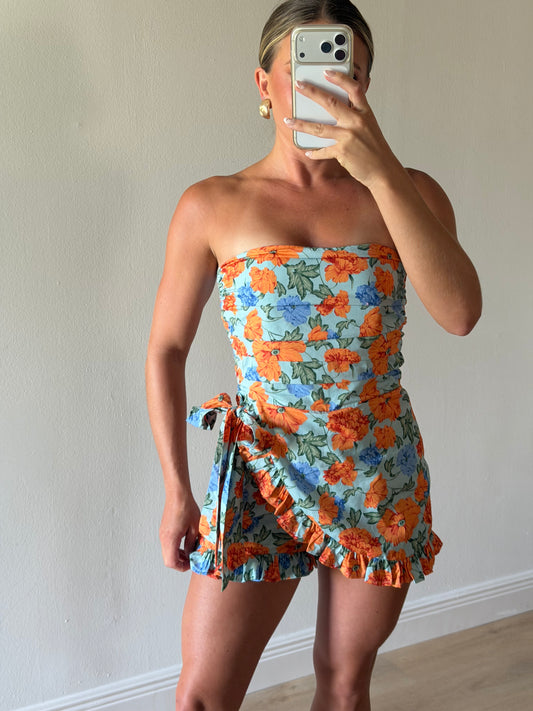 Haven Floral Strapless Wrap Romper