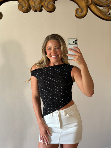 Polka Dot Asymmetrical Off Shoulder Top