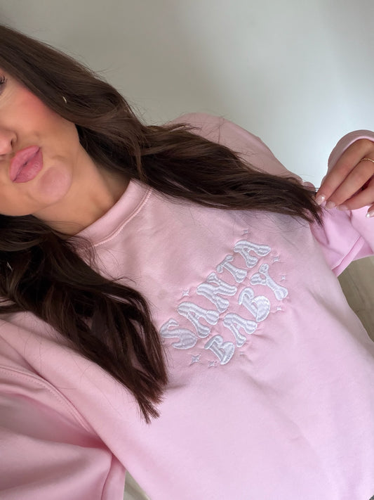 Santa Baby Embroidered Crewneck, Pink