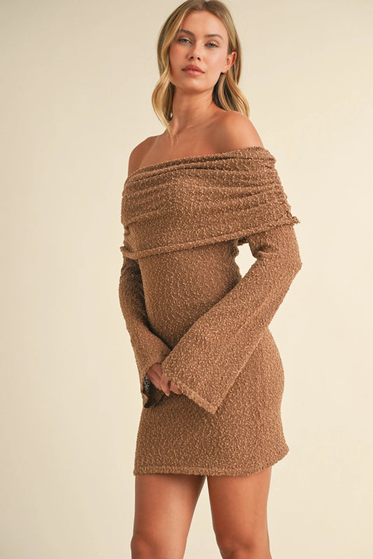 Off Shoulder Sweater Mini Dress, Toffee